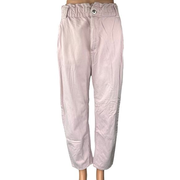 Zara Women's Pink Denim High Rise Straight Leg Paper Bag Trousers Pants Jeans 10 - Picture 1 of 5